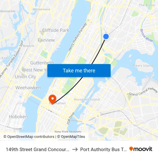149th Street Grand Concourse Station to Port Authority Bus Terminal map