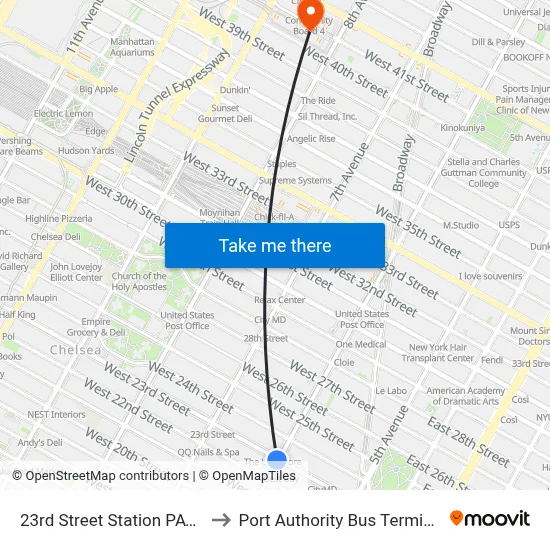 23rd Street Station PATH to Port Authority Bus Terminal map