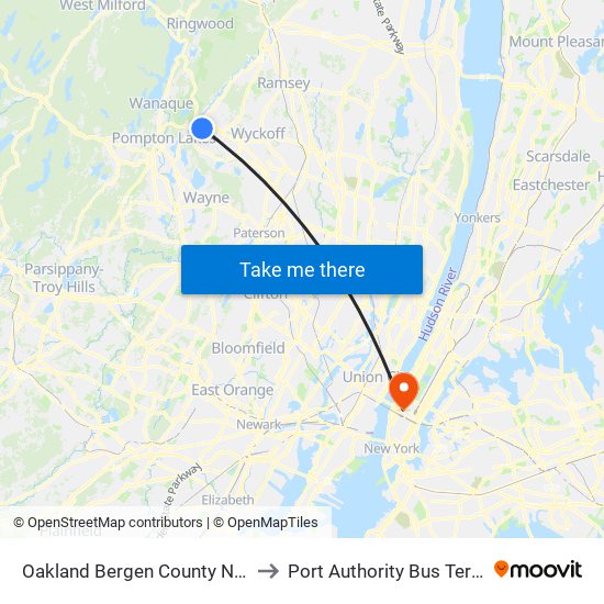 Oakland Bergen County NJ USA to Port Authority Bus Terminal map
