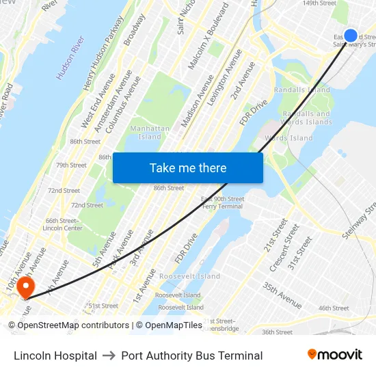 Lincoln Hospital to Port Authority Bus Terminal map