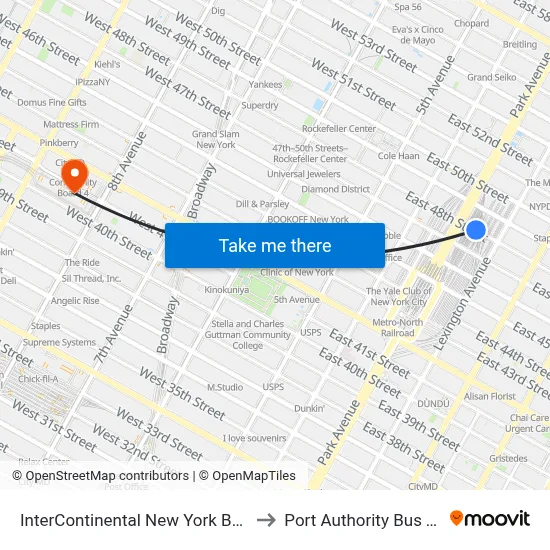 InterContinental New York Barclay Hotel to Port Authority Bus Terminal map