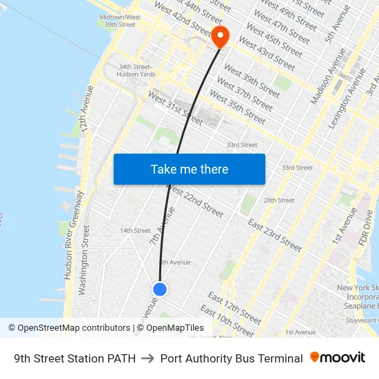 9th Street Station PATH to Port Authority Bus Terminal map