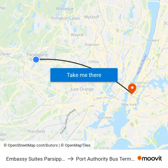 Embassy Suites Parsippany to Port Authority Bus Terminal map