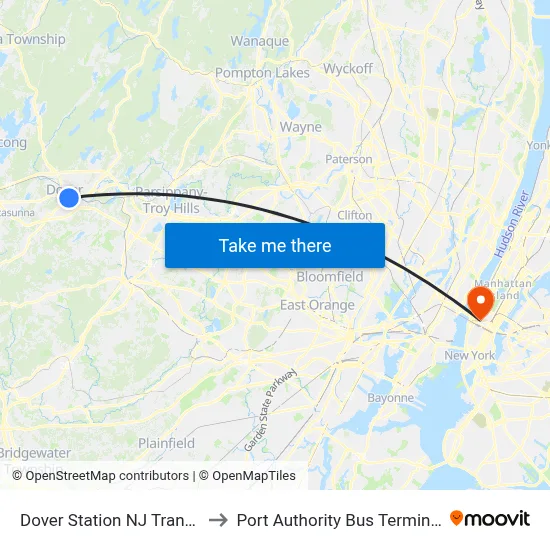 Dover Station NJ Transit to Port Authority Bus Terminal map