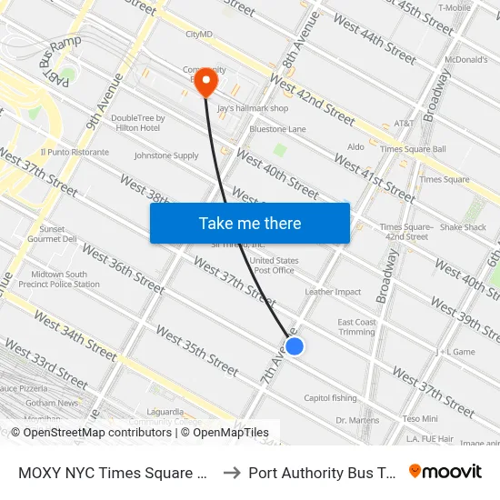 MOXY NYC Times Square New York to Port Authority Bus Terminal map