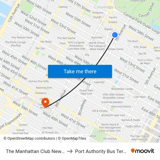 The Manhattan Club New York to Port Authority Bus Terminal map