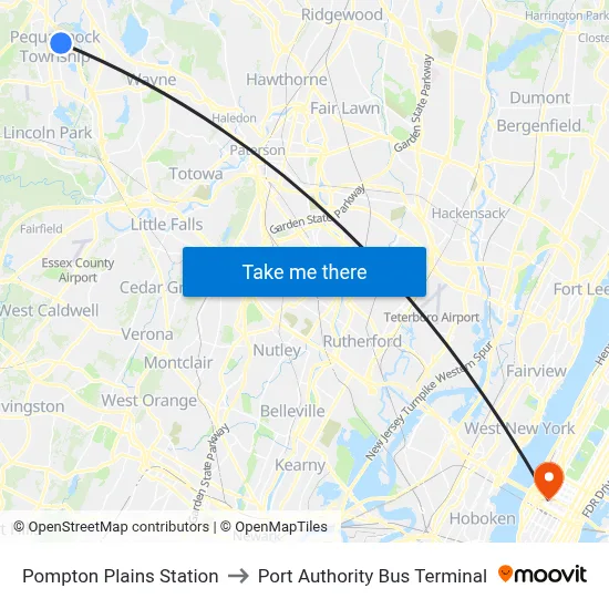 Pompton Plains Station to Port Authority Bus Terminal map
