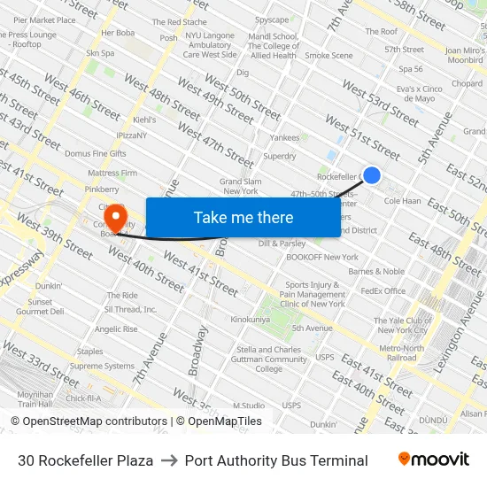 30 Rockefeller Plaza to Port Authority Bus Terminal map