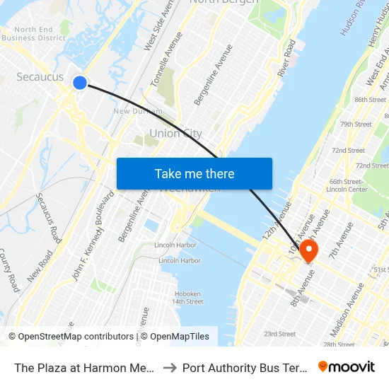 The Plaza at Harmon Meadow to Port Authority Bus Terminal map