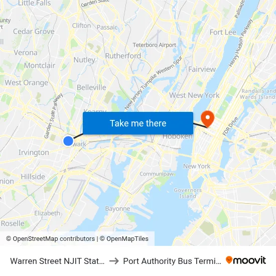 Warren Street NJIT Station to Port Authority Bus Terminal map