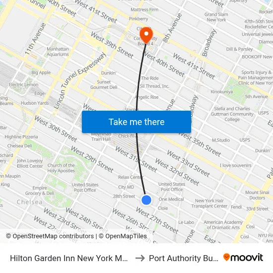 Hilton Garden Inn New York Manhattan Chelsea to Port Authority Bus Terminal map