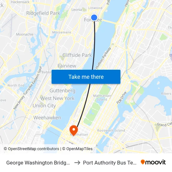 George Washington Bridge Plaza to Port Authority Bus Terminal map