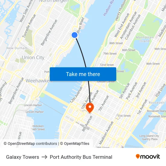 Galaxy Towers to Port Authority Bus Terminal map