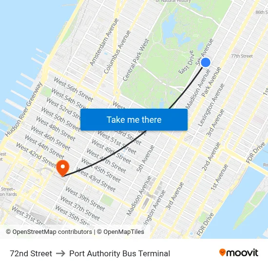 72nd Street to Port Authority Bus Terminal map