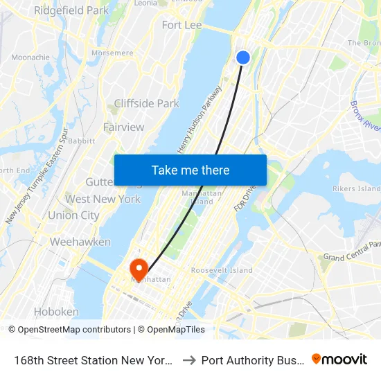 168th Street Station New York City Subway to Port Authority Bus Terminal map