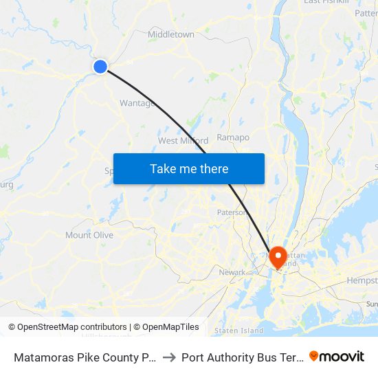Matamoras Pike County PA USA to Port Authority Bus Terminal map