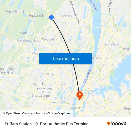 Suffern Station to Port Authority Bus Terminal map