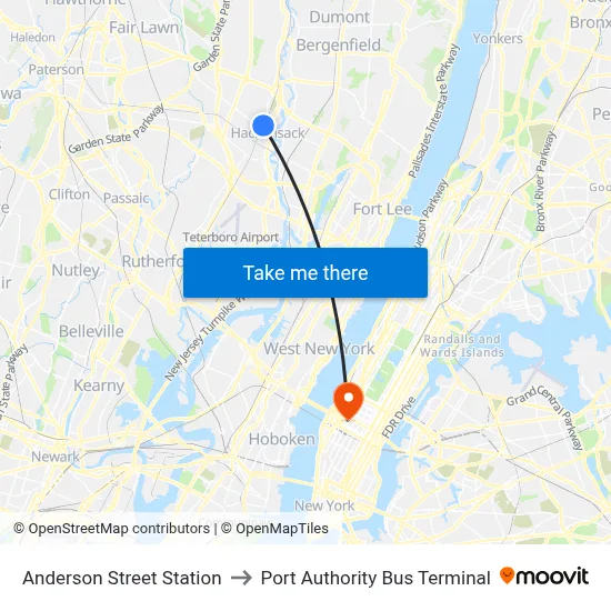 Anderson Street Station to Port Authority Bus Terminal map