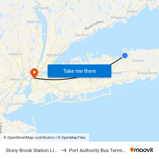 Stony Brook Station LIRR to Port Authority Bus Terminal map