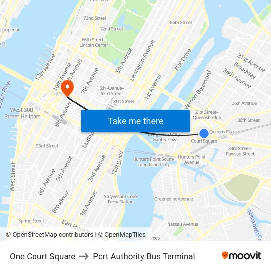 One Court Square to Port Authority Bus Terminal map