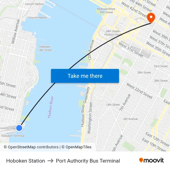 Hoboken Station to Port Authority Bus Terminal map