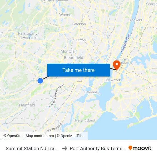 Summit Station NJ Transit to Port Authority Bus Terminal map