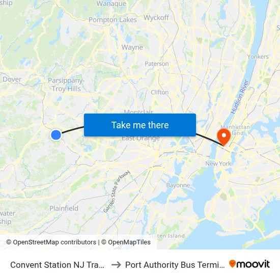 Convent Station NJ Transit to Port Authority Bus Terminal map