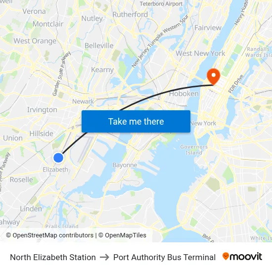 North Elizabeth Station to Port Authority Bus Terminal map