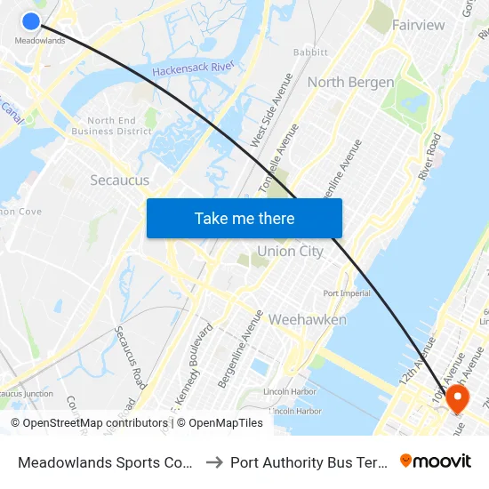 Meadowlands Sports Complex to Port Authority Bus Terminal map