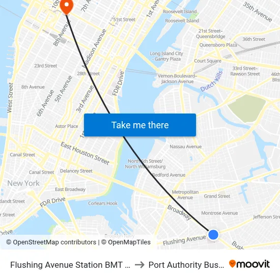 Flushing Avenue Station BMT Jamaica Line to Port Authority Bus Terminal map