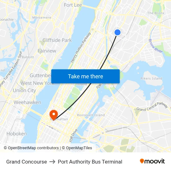 Grand Concourse to Port Authority Bus Terminal map