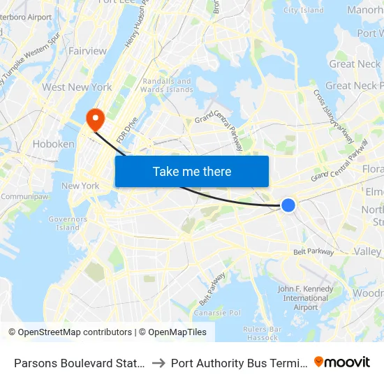 Parsons Boulevard Station to Port Authority Bus Terminal map