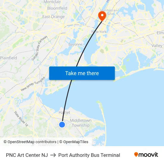 PNC Art Center NJ to Port Authority Bus Terminal map