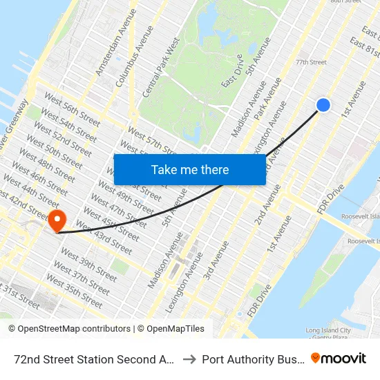 72nd Street Station Second Avenue Subway to Port Authority Bus Terminal map