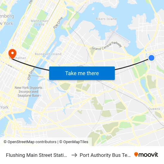 Flushing Main Street Station LIRR to Port Authority Bus Terminal map