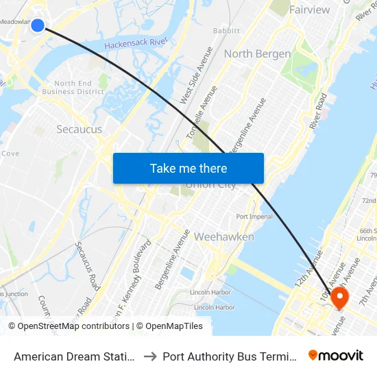 American Dream Station to Port Authority Bus Terminal map