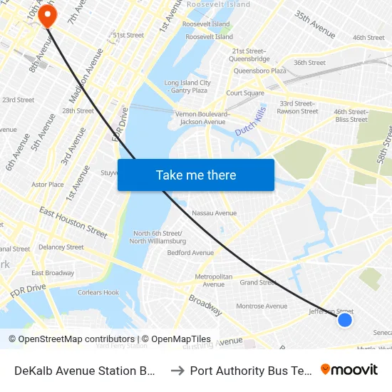 DeKalb Avenue Station BMT lines to Port Authority Bus Terminal map