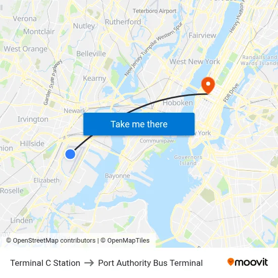 Terminal C Station to Port Authority Bus Terminal map
