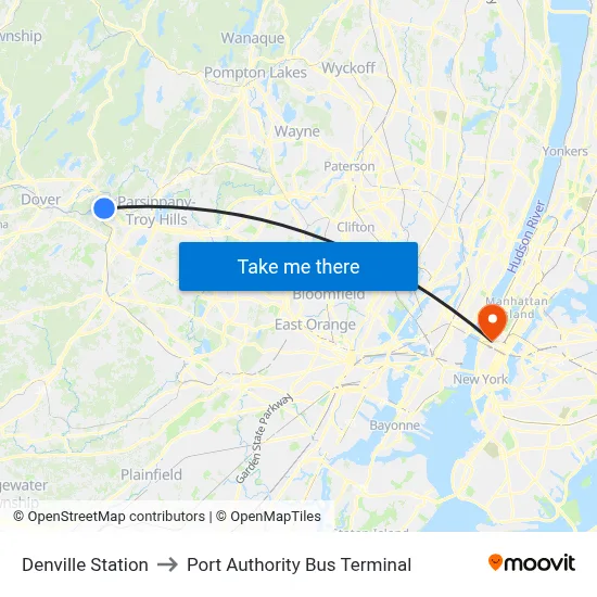Denville Station to Port Authority Bus Terminal map