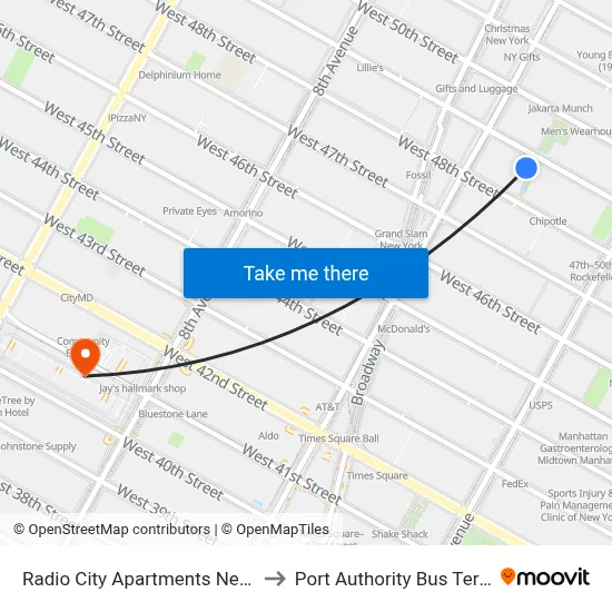 Radio City Apartments New York to Port Authority Bus Terminal map