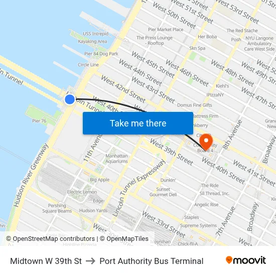 Midtown W 39th St to Port Authority Bus Terminal map