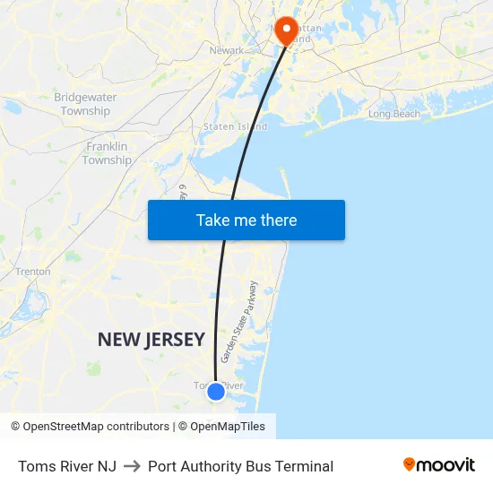 Toms River NJ to Port Authority Bus Terminal map