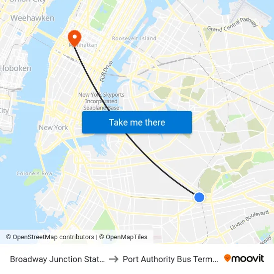 Broadway Junction Station to Port Authority Bus Terminal map