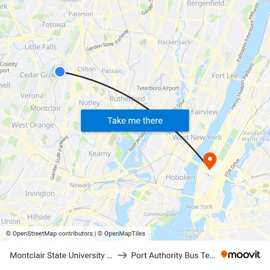 Montclair State University Station to Port Authority Bus Terminal map