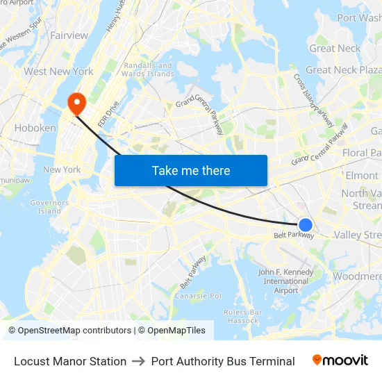 Locust Manor Station to Port Authority Bus Terminal map