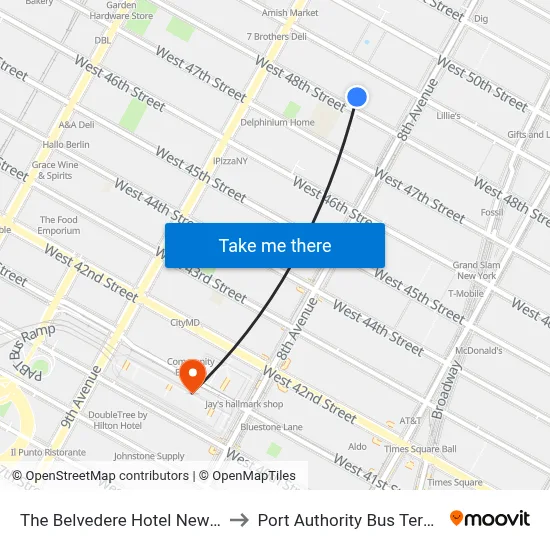 The Belvedere Hotel New York to Port Authority Bus Terminal map