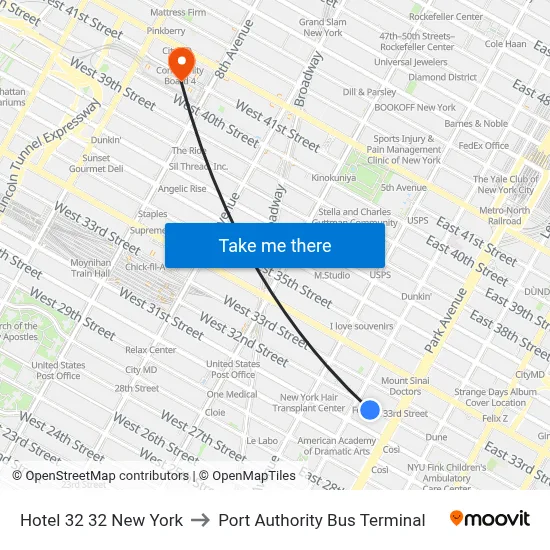 Hotel 32 32 New York to Port Authority Bus Terminal map