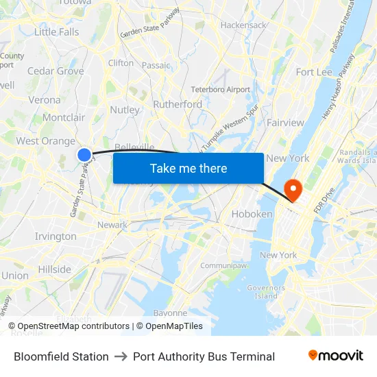Bloomfield Station to Port Authority Bus Terminal map