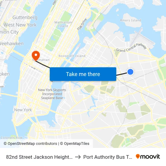 82nd Street Jackson Heights Station to Port Authority Bus Terminal map