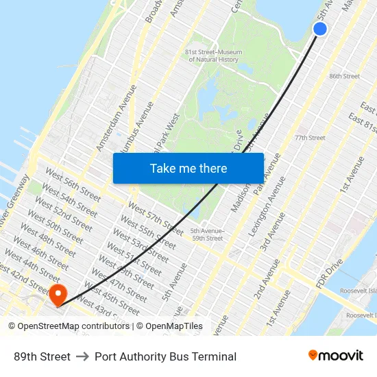89th Street to Port Authority Bus Terminal map